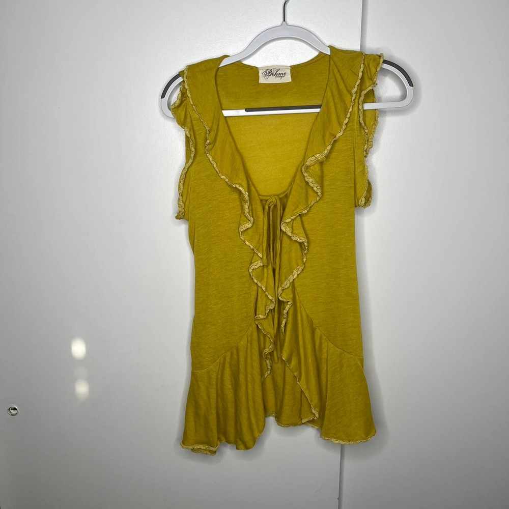 Bohme Bohemian Tie Front Sleeveless Drapey Ruffle Vest Womans Mustard Yellow L